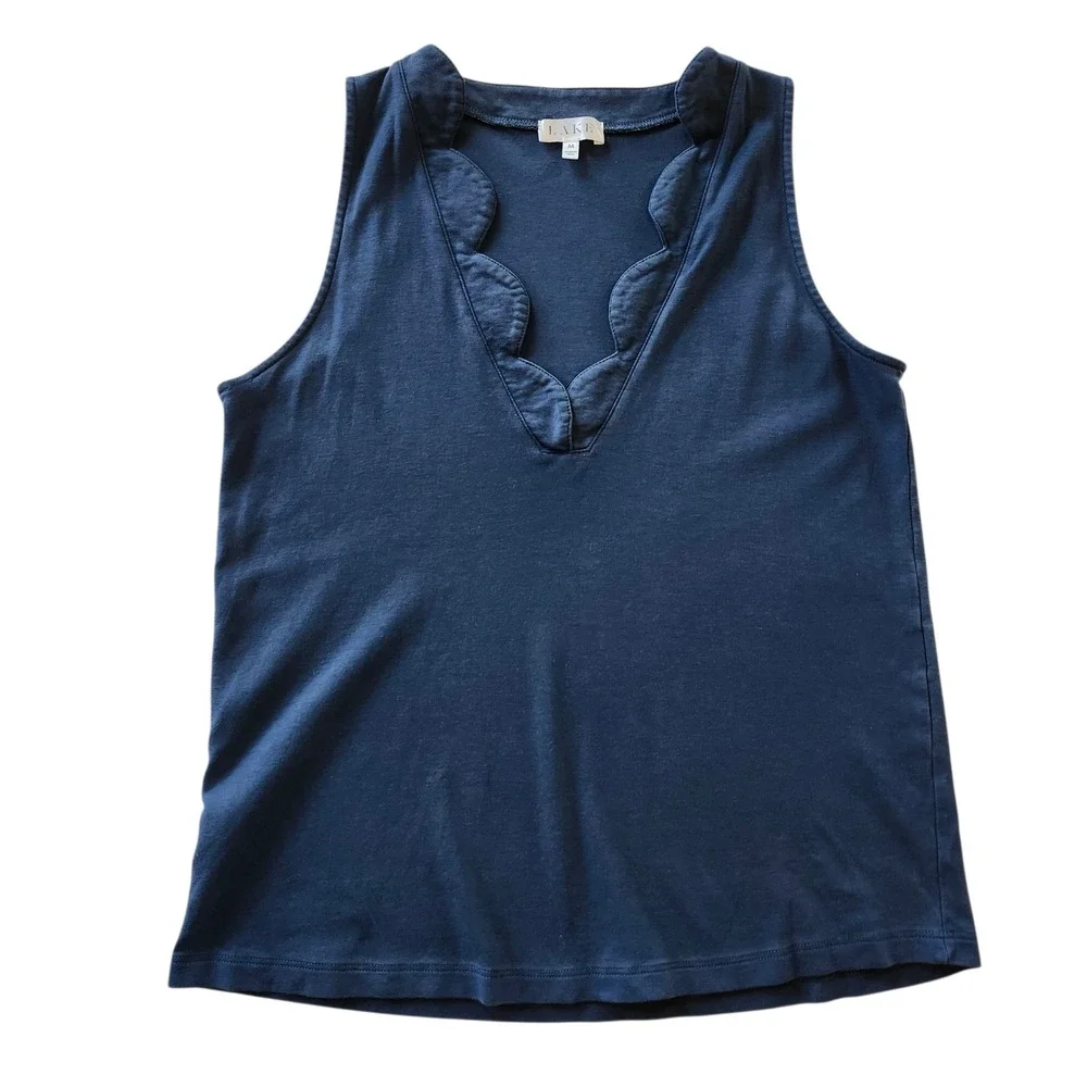 Lake Pajamas PJ Set Navy Blue 100% Pima Cotton Scallop Tank & Pants Women Medium - Picture 2 of 8